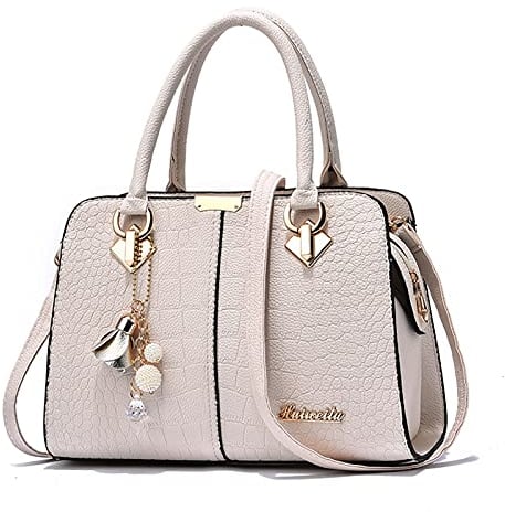 FANDARE Elégant Sac à Main Femme Sacs à bandoulière Sacs à Dos porté Travers Voyage Sac Cabas Shopper Sacoches Messenger Besace Pochette Impermeable PU Cuir Blanc B