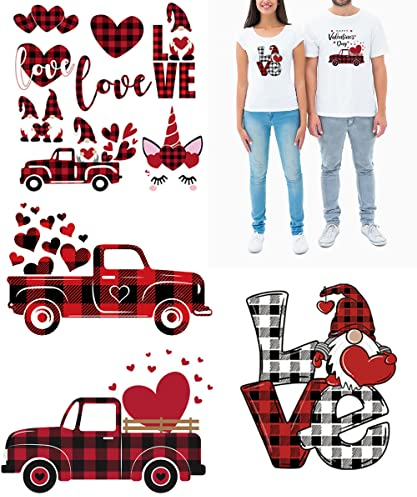 4 Sheets Valentine Iron On Transfers for T-Shirts Classic Buffalo Plaid Iron Patches Love Appliques Heart Gnome Car Unicorn Pattern DIY Decals Heat Transfer Stickers for Pillow Covers Jackets Hoodies