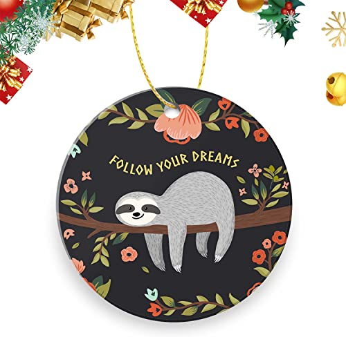 Doppelseitige Keramik-Ornament, Weihnachtsbaum, 7,6 cm, Faultier auf einem Ast