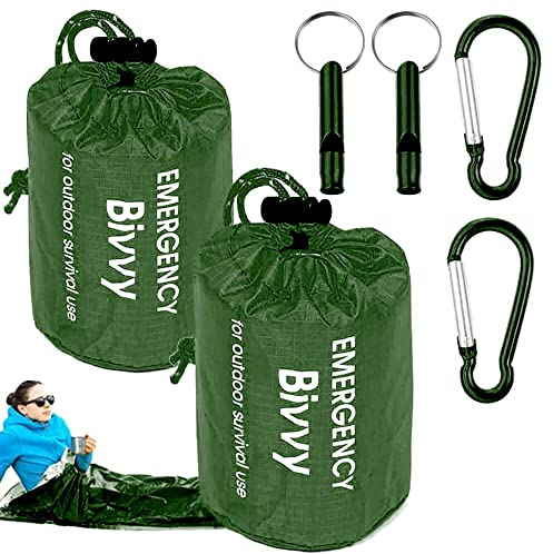 HBSTK 2 Pack Biwaksack Notfall Überleben Schlafsack Notfalldecke Überlebensausrüstung Erste Hilfe Rettungsdecken Hitzeabweisend Kälteschutz Wasserdicht mit Pfeife, Survival Biwak Sack für Outdoor grün