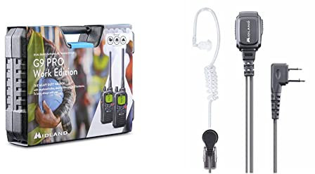 Midland G9 Pro 2er Kofferset, PMR446 schwarz & MA 31-L Pro Security Headset, C1497, mit Vox/PTT Umschaltung und 90 Grad Stecker (L-Type), Transparent und Schwarz, Standard mit Spiralkabel