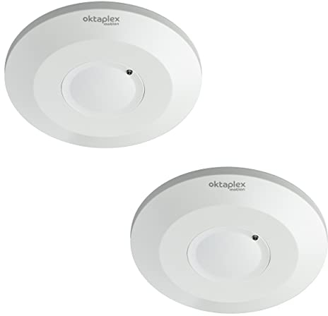 Oktaplex Ida 2er Set Decken-Bewegungsmelder flach 360° Hochfrequenz-Sensor 2-16m Reichweite 230V Präsenzmelder weiß mit Dämmerungssensor