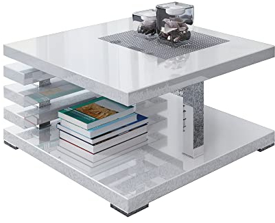 Prospero Meble PROROOM Furniture Moderner Couchtisch KIMO Weiß Glanz 60x60 Höhe 32 cm - Kaffeetisch mit Ablageplatte - Eleganter Sofatisch für Wohnzimmer - Stabiler, langlebiger Wohnzimmertisch