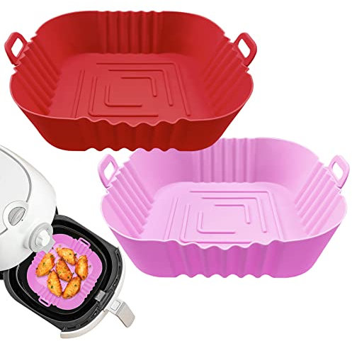 ZHONYEE Confezione da 2 fodere quadrate in silicone per friggitrice ad aria, riutilizzabili resistenti al calore e agli alimenti, facili da pulire, parte superiore 20 cm inferiore 15 cm (rosso + rosa)