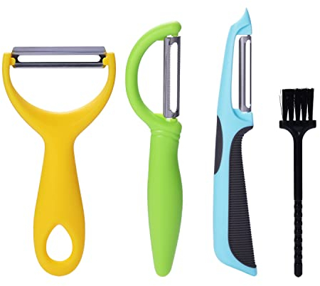 3 Pieces Kitchen Peeler Vegetables Peeler Fruit Peeler with 3 Types of Peelers and 1 Brush for Veggie Fruits Potatoes Tomatoes Cucumbers Pumpkin Apple Orange Lemon