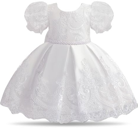 NNJXD Abito da Sposa in Pizzo per Neonata Abito da Sposa Tutu per Bambini con Fiocco per Battesimo 2021 Bianco Taglia(90) 12-24 Mesi