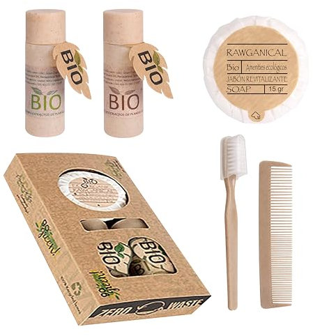 50 komplette Hygienesets in Bio-Box | Willkommenspaket für Hotels und Touristenunterkünfte | Hotel Amenities Set, 100 % Umweltfreundlich | Beste Hotelkosmetik | 50 Stück à 5 Produkte