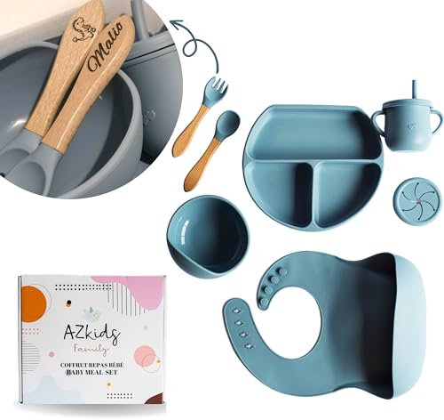 coffret repas bebe personnalisé, assiette compartiment ventouse pour bébé, bavoirs bebe silicone, cuillere et fourchette personnalisable, couvert bebe, cadeau naissance garcon fille (BLEU)