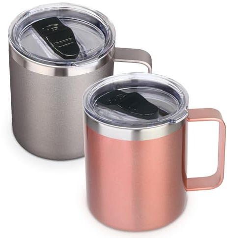 Volhoply 14oz Insulated Stainless Steel Coffee Mug with Lid Bulk 2 Pack,Double Wall Vacuum Travel Coffee Cup with Handle,Reusable Metal Tumbler,Camping Mugs Keep Hot&Cold,Christmas Gifts(Mix,2)