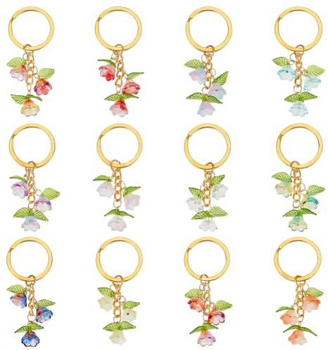 PH PandaHall 12pcs 12 couleurs Porte-Clés Pendentif Muguet, Porte-Clés en Verre en Forme de Fleur Couleur Gelée pour Clés de Voiture, Décoration de Sac,Chaîne de Téléphone Portable,Bijoux à Breloques