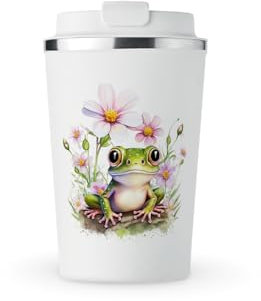MAXIKIWI - Insulated Double Walled, Leakproof Stainless Steel Mug, Coffee or Tea Travel Tumbler with Lid, Keep Drinks Hot and Cold - Cute Frog - 350ml