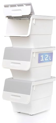 Parpalinam 3x12L Set Aufbewahrungsbox mit Deckel und Rollen, stapelbare Aufbewahrungsboxen, hochwertige Kartoffel Ordnungsboxen, BPA-freier und lebensmittelechter Organizer(Grau/Weißes)