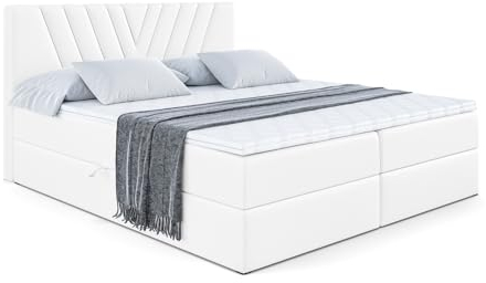 ALTDECOR Boxspringbett mit Matratze und Lattenrost, Boxbett, Topper, Polsterbett mit Bettkasten, Bett mit Stauraum H4-Matratze, Doppelbett, Springboxbett - ERNINA - 160x200 - Weiß Kunstleder