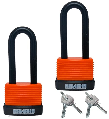 KAWAHA 92/40L-2P Lot de 2 cadenas étanches à anse longue en aluminium avec clé (ultra léger, clés identiques, corps en aluminium avec étui thermoplastique) pour garage, clôture, abri de jardin, cour,