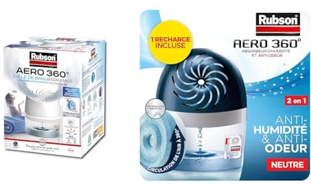 Rubson AERO 360 Absorbeur d’Humidité Salle de Bain (1 Appareil + 1 Recharge 450 g) & Déshumidificateur d’Air Efficace pour Pièces jusqu’à 20 m²