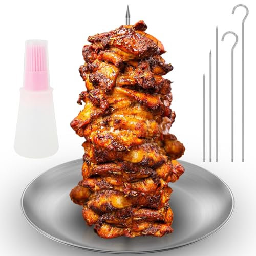 Pincho vertical para asar, pincho vertical de carne de acero inoxidable con 3 picos y 2 ganchos para parrilla, soporte para asar pollo, parrilla de carbón ahumador con cepillo para salchichas de pollo