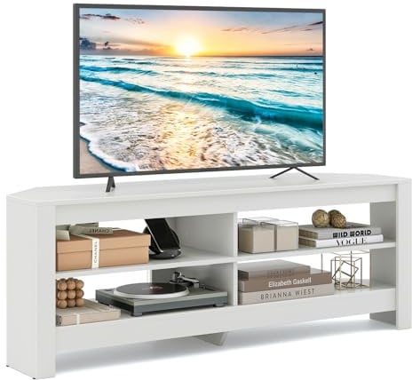 COSTWAY Mueble para TV, Mueble Esquina para Television de 3 Niveles hasta 65 Pulgadas con Toma de Corriente Integrada, 4 Estantes De Almacenamiento Abiertos, para Sala de Estar y Dormitorio (Blanco)