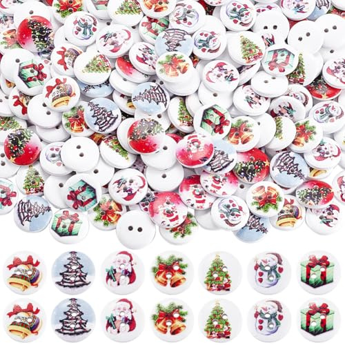 SOFPLATE 1 scatola 300 pezzi Bottoni Natalizi In Legno di Colore Casuale Bottoni Rotondi In Legno Albero di Natale Pupazzi di Neve Bottoni Festivi per Cucito Forniture per Bottoni Decorazioni Natalizi