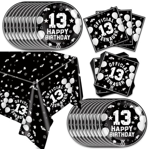 41pcs 13th Party Supplies - 20 Dessert Plates, 20 Napkins, 1 Tablecloth for Black Silver Birthday Party Decoration