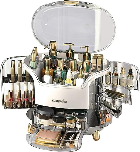 Warmiehomy Multifunctional Makeup Organiser with Lid, Dustproof Make up Organiser Cosmetic Organiser Waterproof Skincare Storage Box with 2 Drawers for Bedroom Bathroom Desktop, White