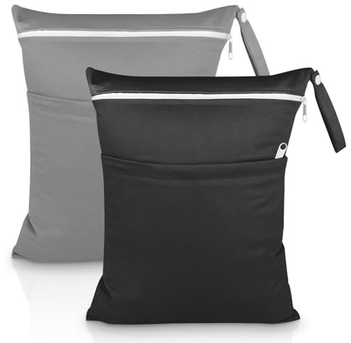 Bolsa de Pañales, Bolsa Impermeable Reutilizable con Cremallera, Bolsa de Tela para Muda Bebe, Wetbag Lavable Organizador de Tela Ropa para Viajes Playa Piscina Gym (Negra Gris)