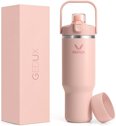 GEDUX 1000ml Edelstahl Tumbler mit Griff und Strohhalm, Vakuumisolierte Wasserflasche mit 2-in-1 Deckel (Schluckdeckel/Straw Deckel) und Silikonboden