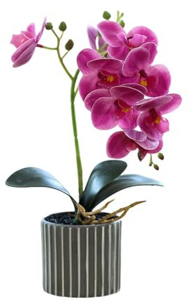 Artificial Eight-Head Orchid in Pot White Potted Orchids Faux Orchid Flower with Flowerpot Bathroom Bedroom Décor Flower (purple)