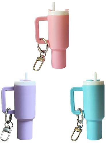NUJOLI 3Pcs Mini Tumbler Keychain for Stanley Cup, Cute Chapstick holder Charms for Women Girl Purse Handbag Backpack, 3pcs Pink+light Purple+light Blue