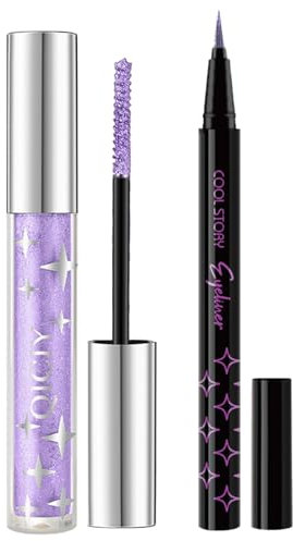 Lila Glitzer Mascara Und Glitzer Eyeliner Set, Sky High Mascara Glitter, Diamond Glitzer Eyeliner, Mascara Glitzer, Long Thick Volume Mascara, Funkelnde Augen Make-Up,Für Party,Hochzeit,Musikfestival