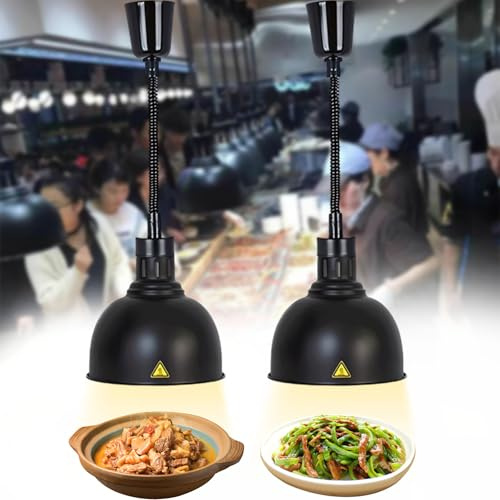 DBMGB Wärmelampe Küche, 250W Hängend Wärmelampe Gastronomie für Speisen, 25cm Lebensmittel Wärmelampe für Küche, Buffets und Hotel, 60–180cm Höhenverstellbar (Schwarz, 2PC)