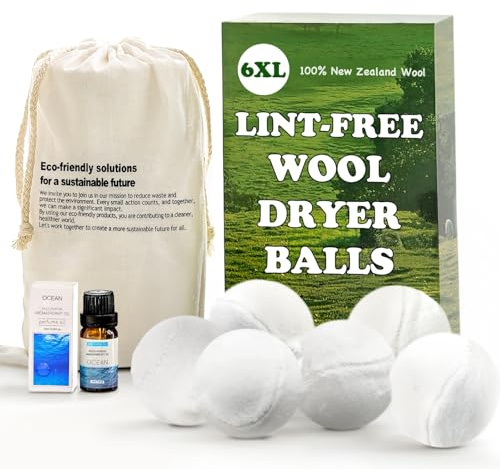 VIVASPHERE Wool Dryer Balls - Lint-Free - 6XL Pack - 1000+ Loads - Premium Natural Fabric Softener - Reduces Drying Time & Static - Includes Essential Oil - with Storage Bag