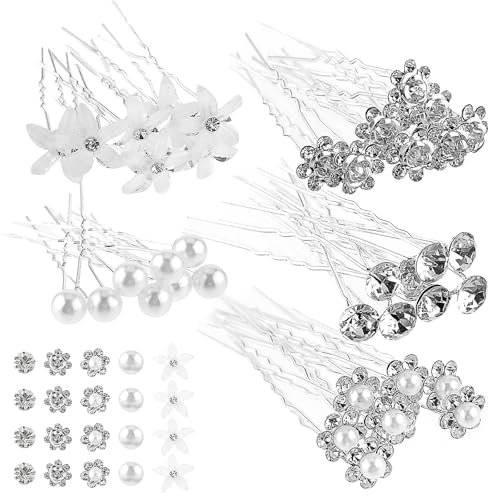 Braut Haarschmuck Hochzeit 40 Stück Perlen Blumen Haarnadeln Hochzeit Haarspangen Haarschmuck Mädchen 5 Stile U Form Strass Brautschmuck Kristall Haarnadel für Damen Abschlussball Party