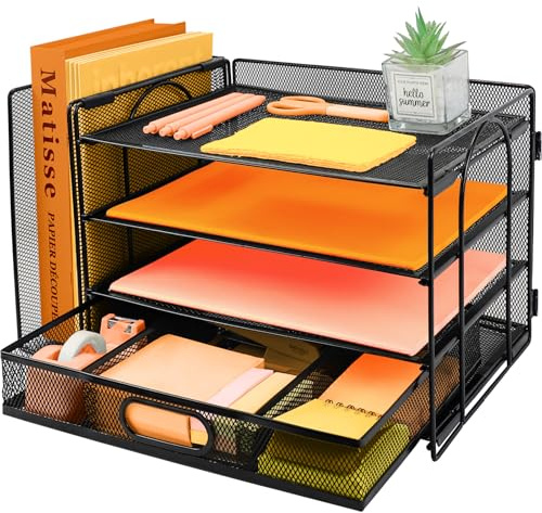 PLSOPPKG Paper Letter Tray Desk Organizer with Vertical File Holder, Desk File Organizer with Drawer, A4 Paper Desktop Filing Trays, Magazine Document Holder for Home Office, Black