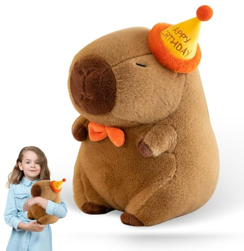 XPJBKC Capibara Peluche Realista 25cm con Gorros de Cumpleaños, Simulación Kawaii Animal de Juguete Regalo para Niños Niñas