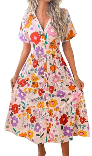 Robe longue d'été bohème décontractée à manches courtes et col en V pour femme, coupe ample, taille haute, ourlet à volants, style bohème, vacances, plage, 17-rose, S