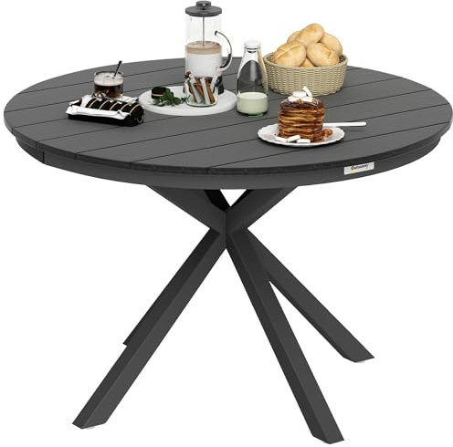 Outsunny Gartenesstisch, runder Gartentisch Ø 118 cm mit Aluminiumrahmen, Tischplatte in Holzoptik und verstellbaren Fußkufen, für Balkon, Veranda, Terrasse, schwarz