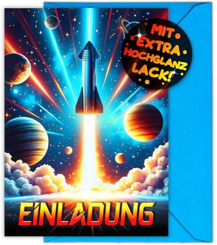 12x Rakete EINLADUNGSKARTEN KINDERGEBURTSTAG Junge Mädchen + 12x Umschläge - die Weltraum PARTY Karten sind die Astronauten EINLADUNG für Jungen Kinder GEBURTSTAG Weltall GEBURTSTAGSPARTY Planet