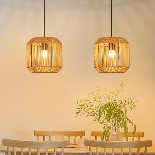 Deboola Hängelampe Boho Hängeleuchte Rattan Hanfseil - 2ER Pendelleuchte Vintage Esstisch Pendellampe Laterne Design Esstischlampe E27 für Esszimmer Schlafzimmer Wohnzimmer(Ohne Leuchtmittel)