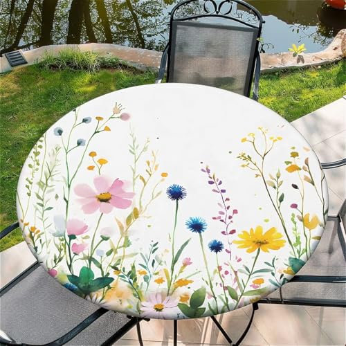 artslion Outdoor Round Tablecloth with Elastic Band 48In (120cm) Elastic Garden Table Cover Wipe Clean with Flowers Pattern