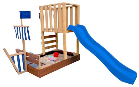 AXI Vicky Spielturm aus Holz in Braun mit Blauer Rutsche | Spielturm für Kinder mit Sandkasten, Spielküche & Kreidetafel | Vielseitiges Spielgerät für den Garten