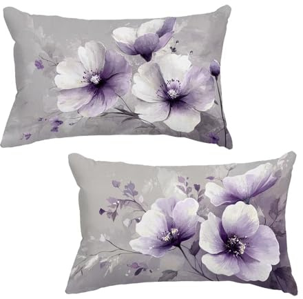 Outdoor Waterproof Cushion Covers 30x50 cm Lilac Garden Furniture Cushion Covers Floral Rectangle Linen Throw Pillow Case Set of 2, Waterproof Pillowcases with Invisible Zipper for Garden Patio Y-8