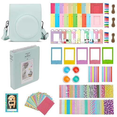 Mumlicha Instant Mini 12 Camera Accessories, Camera Case for Instax Mini 12 with 64 Pockets Photo Album and Picture Fframes/Wall Decor Frames/Frame Stickers/Corner Stickers/Color Filters (Green)