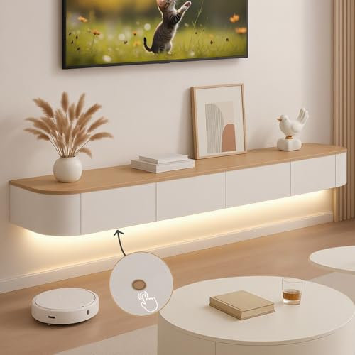Ribanedy Mobile TV Sospeso Moderna con luce LED | Consolle Multimediale da Parete | Grande Mobile TV con Spazio di Archiviazione per Soggiorno e Ufficio (Bianco + Legno, 200cm)