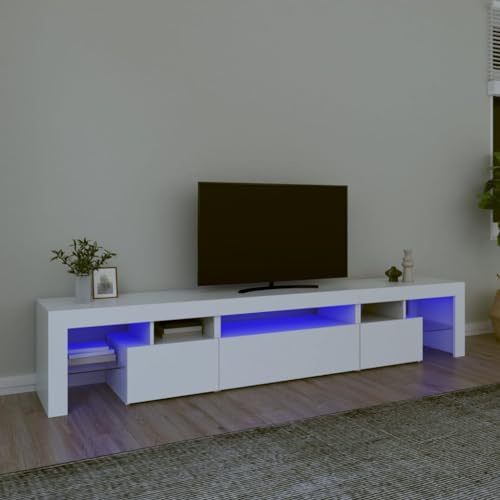 Homvdxl Extra Wide LED TV Unit for 95 inch TVs, 215cm Modern TV Unit with Glass Shelves & Doors, for Living Room, Bedroom, Entertainment Room, White