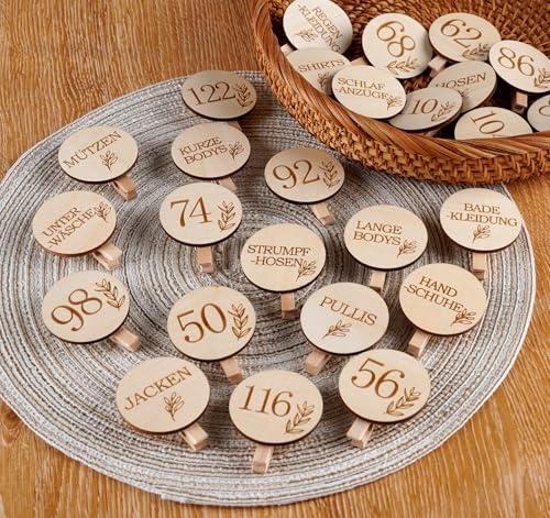 HOUISM Separatore di dimensioni per neonati e vestiti, in legno, 27 pezzi, clip con incisione (50-122), con contenitore per riporre in ordine l'armadio