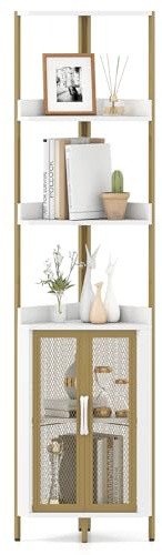 COSTWAY Estanteria Esquinera de 6 Niveles, Estanteria Esquina con Gabinete y Puertas, Estante Ajustable, Libreria Rinconera para Plantas, Salon Dormitorio Oficina Cocina, 32 x 32 x 170 cm (Blanco)