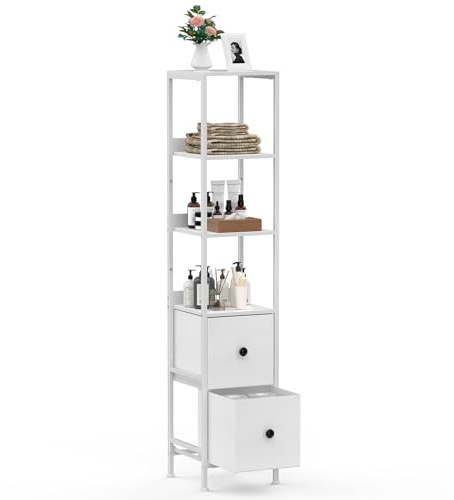 CADUKE Badezimmerschrank, Schmaler Hochschrank Bad mit Metallgestell, Nischenschrank mit 2 Stoffschubladen & 3 Ablagen, Badregal Stehend für Badezimmer Wohnzimmer, Weiß