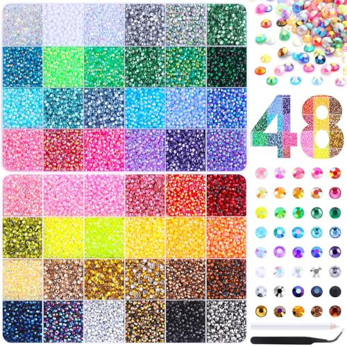 JOLCEEY 52000pcs Nail Art Rhinestones, 48 Colors 3mm Flat Back Nail Gems Crystals Nail Rhinestones Bedazzling Kit with Pick Up Tweezers and Pen for DIY Crafts Clothes Shoes
