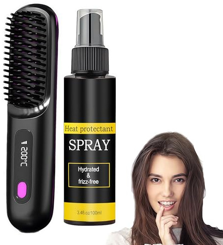 Kabelslose Haarglätterbürste mit Negativ-Ionen & inkl. Hitzeschutzspray (100ml) – Stylingbürste für kurze bis schulterlange Haare, 3-Temperaturstufen & LCD-Display, zum Glätten, für Volumen und Locken