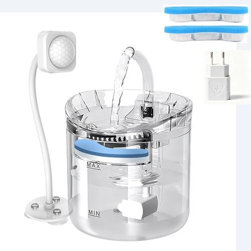 Fontaine a Eau Chat 2L avec 2 Filtre, Pompe sans Balais & Externe Detecteur | Transparent PC, 2 Modes d'eau & 3 Vitesses, Câble 4m, Auto Start-Stop, Fond Antidérapant, Chat Habitue Rapidement